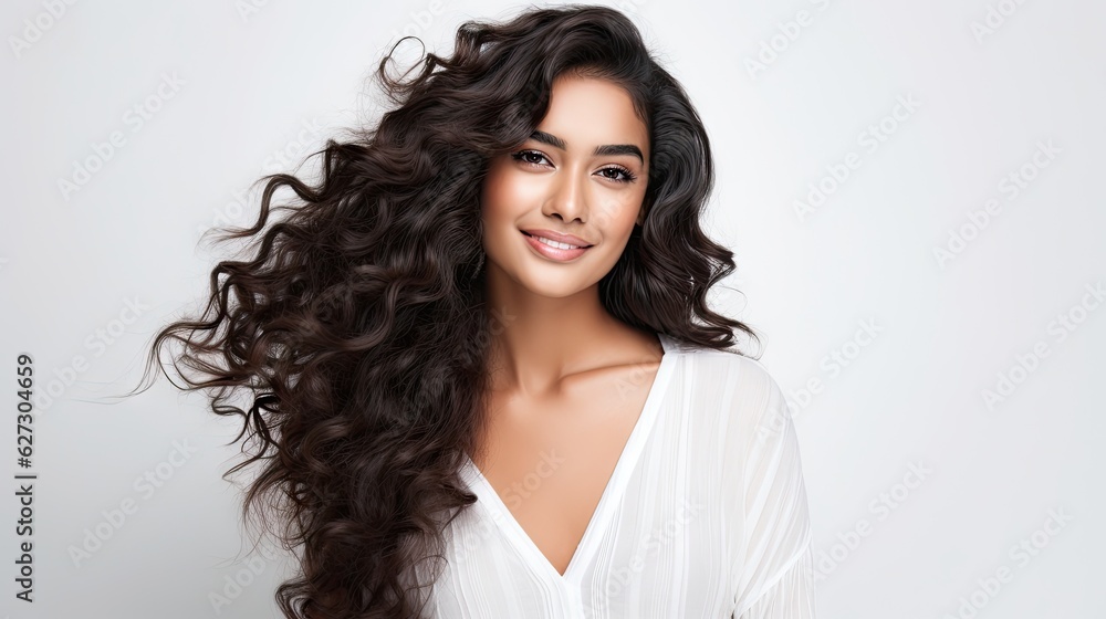 beautiful young indian woman with beautiful long curly hair isolated background generative ai beautiful young indian woman with beautiful long curly hair isolated background generative ai