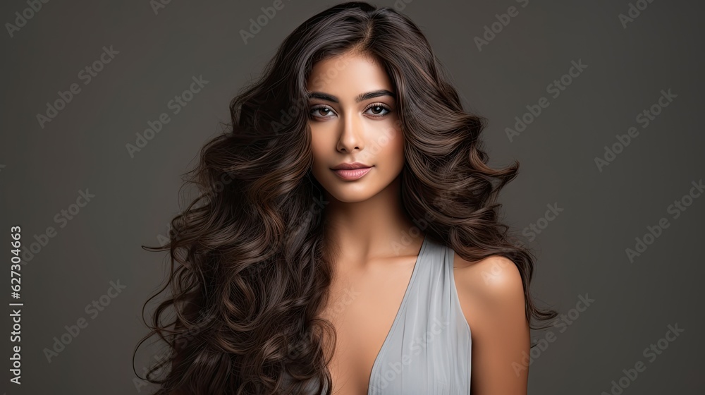 Naklejka premium Effortless Elegance: Indian Woman Showcasing Lazy Curl Hairstyle on Grey generative ai 