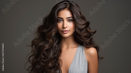 Effortless Elegance: Indian Woman Showcasing Lazy Curl Hairstyle on Grey generative ai 
