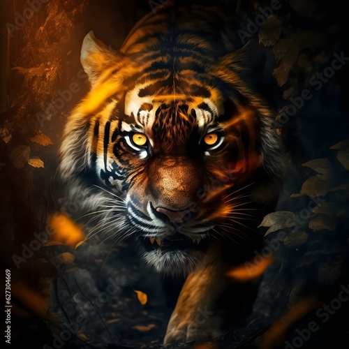 Tiger in the Hunt: Intense Gaze Amidst the Leaves. Generative AI.