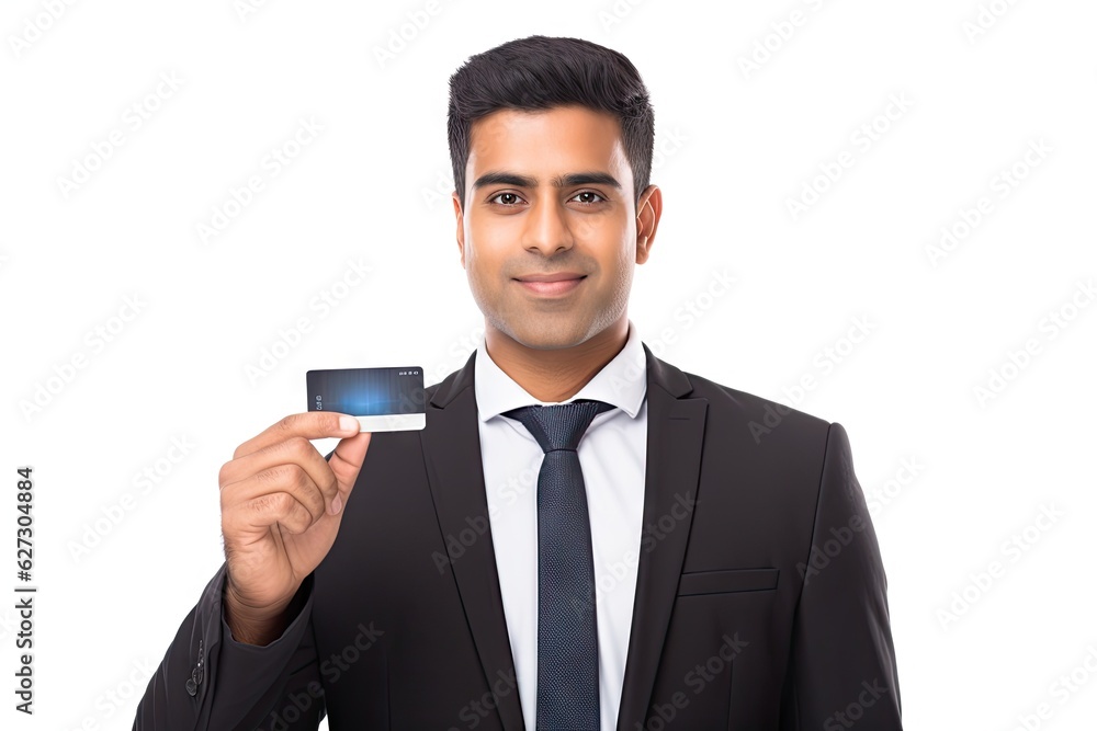 Indian businessman holding a credit card isolated background generative ai Indian businessman holding a credit card isolated background generative ai