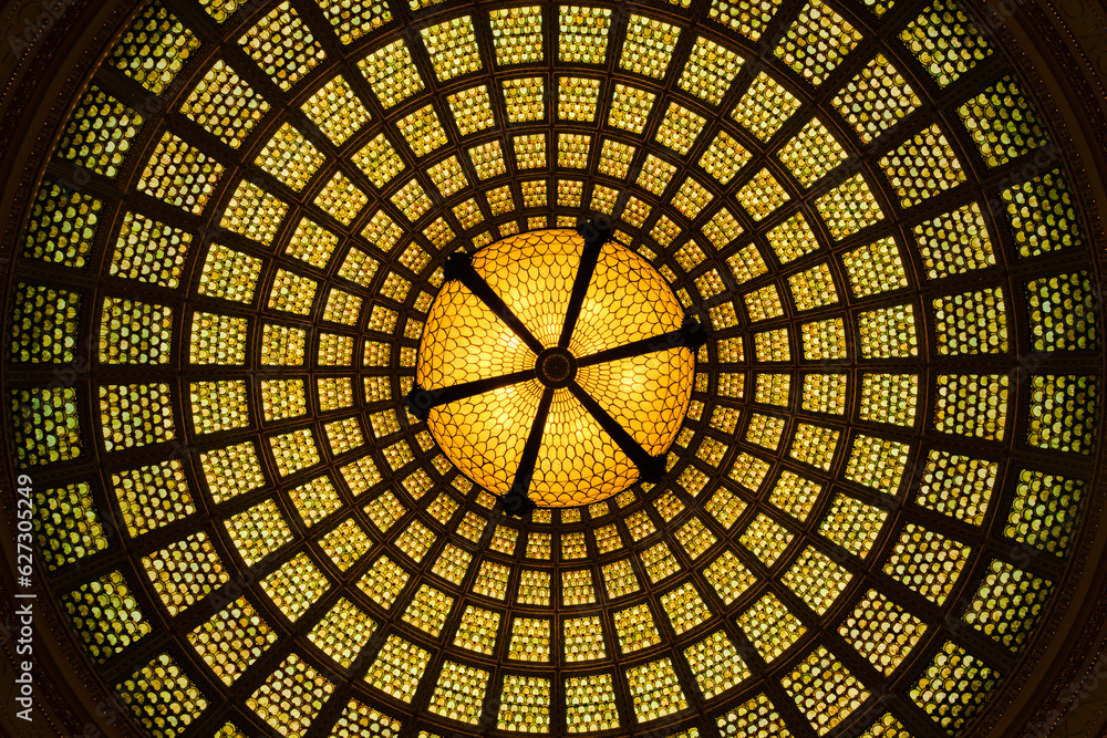 Naklejka premium Unique perspective view of the world largest Tiffany glass domed ceiling