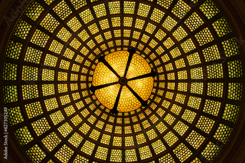 Unique perspective view of the world largest Tiffany glass domed ceiling