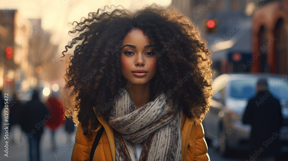 Portrait of a Black Woman in the City. Long Frizzy Afro Hair. Busy New York Street. Concept of Independence, Confidence, and Beauty.