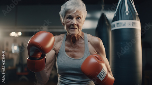 Slika na platnu Retired Senior Grandmother Older Woman With Boxing Gloves in Indoor Gym
