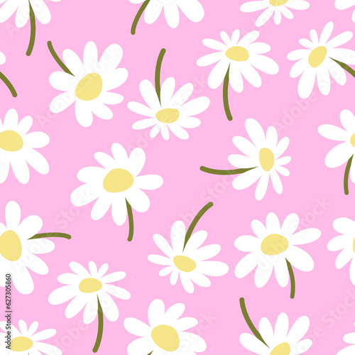 Floral baby pink barbiecore seamless pattern. Hand drawn white flowers on soft pink background. Trendy girlish cute allover print