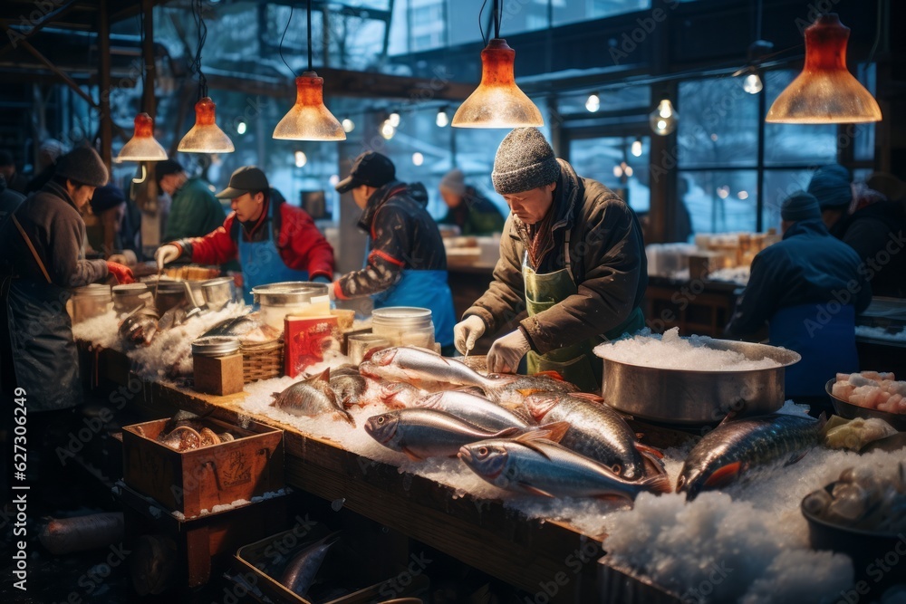 Lively Fish Market In Hokkaido, Generative AI