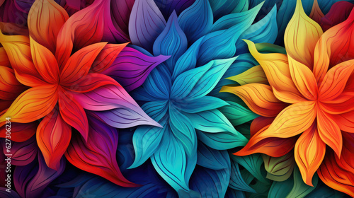 color rainbow flower and leaf wallpaper, in the style of sharp lines and edges, luminous hues AI Generative