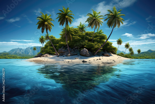 3D Digital Art Tropical Island, Palm Trees, Beach, Vacation, Caribbean, Ocean