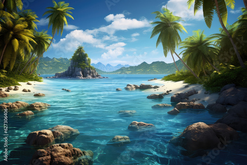 3D Digital Art Tropical Island  Palm Trees  Beach  Vacation  Caribbean  Ocean