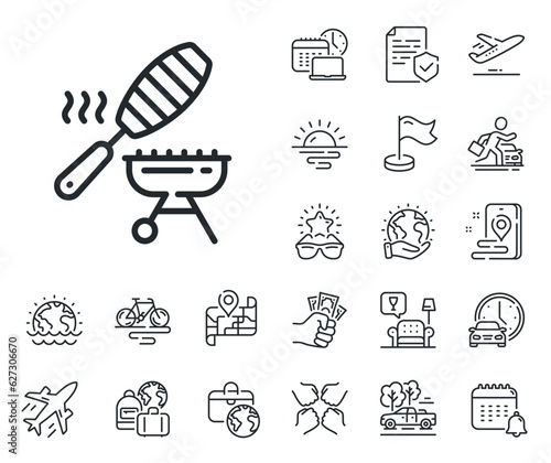 Barbecue fish basket sign. Plane jet, travel map and baggage claim outline icons. Grill line icon. Meat brazier cooker utensils symbol. Fish grill line sign. Car rental, taxi transport icon. Vector