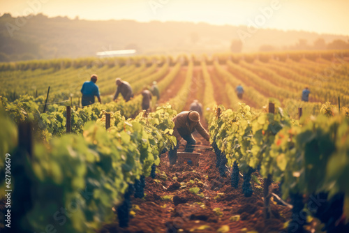 Workers harvesting grapes, a bounty of nature's finest, ready to craft the essence of exquisite wine Fototapeta