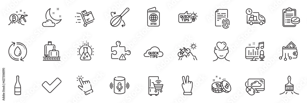 Icons pack as Baggage reclaim, Bitcoin and Night weather line icons for app include Fingerprint, Medical prescription, Voice assistant outline thin icon web set. Victory hand, Puzzle. Vector