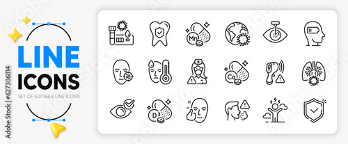 Fever, Check eye and Cholecalciferol line icons set for app include Shield, Electronic thermometer, Dental insurance outline thin icon. Problem skin, Cough, Covid test pictogram icon. Vector