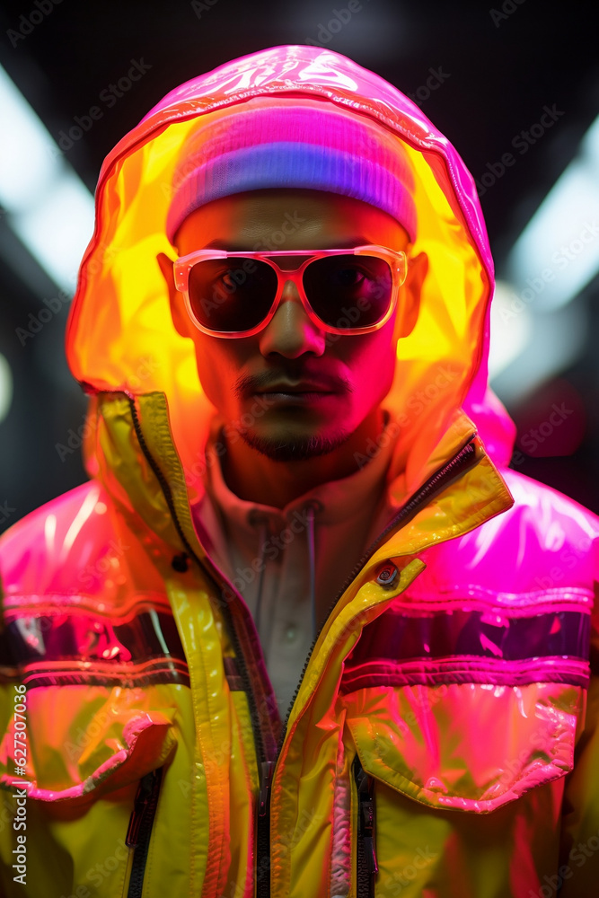 man in a yellow jacket with lights in the background, in the style of light orange and magenta, cybergoth man in a yellow jacket with lights in the background, in the style of light orange and magenta, cybergoth