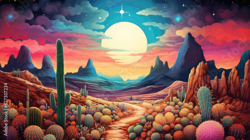 Painting of a cactus landscape with stars and sunset, in the style of bold, colorful, large-scale, monumental vistas, outrun, red and purple, weathercore, intensely detailed, cloudcore AI Generative photo