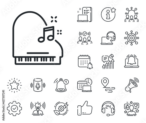 Musical instrument sign. Place location, technology and smart speaker outline icons. Piano line icon. Music note symbol. Piano line sign. Influencer, brand ambassador icon. Vector