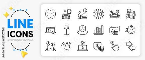 Parking security, Coins and Timer line icons set for app include Augmented reality, Support, Graph chart outline thin icon. Ab testing, Cursor, Artificial intelligence pictogram icon. Vector