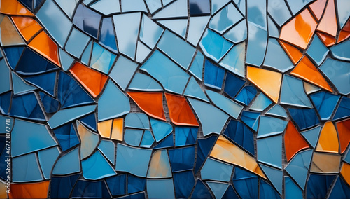 blue and orange mosaic tile, in the style of dimensional layering, incisioni series, smooth surface photo