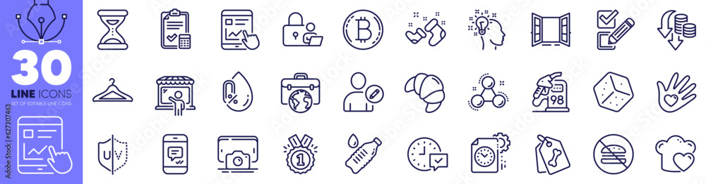 Message, No burger and Market seller line icons pack. Uv protection, Time, Pet tags web icon. Approved, Deflation, Lock pictogram. Internet report, Petrol station, Accounting checklist. Vector Message, No burger and Market seller line icons pack. Uv protection, Time, Pet tags web icon. Approved, Deflation, Lock pictogram. Internet report, Petrol station, Accounting checklist. Vector