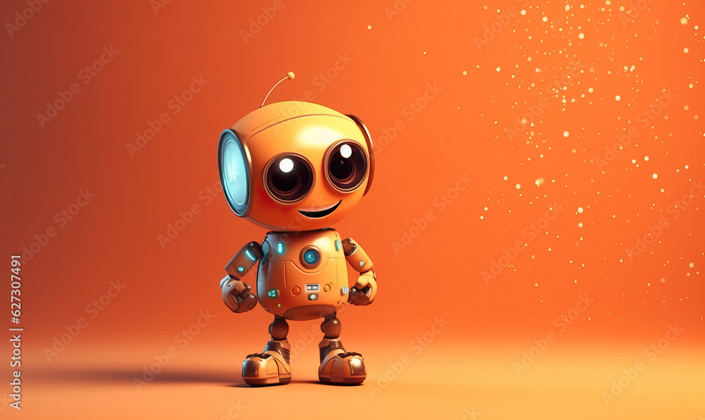 Funny cute robot toy on orange background Funny cute robot toy on orange background