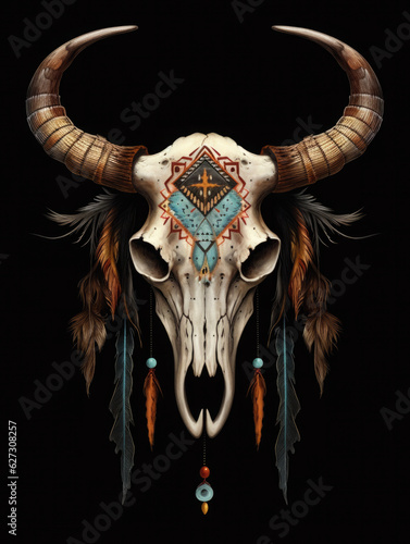 Bull skull with feathers native Americans tribal style.