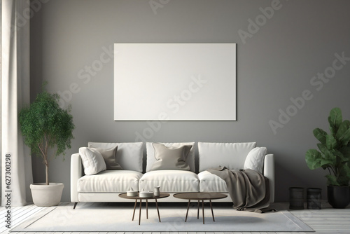 Poster frame mockup in gray living room interior . Generative AI