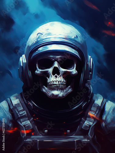 Dead astronaut. Skull in space suit on dark background. Digital art.