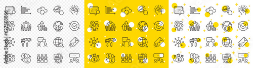 Outline Approved, E-mail and Empower line icons pack for web with Check investment, Equity, Calendar line icon. Presentation, Group, Currency exchange pictogram icon. Horizontal chart. Vector