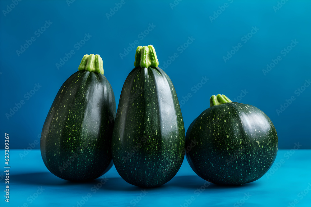 three small green zucchini on blue background healthy plant bazed vegan diet generative ai three small green zucchini on blue background healthy plant bazed vegan diet generative ai