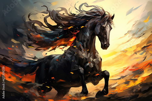 Illustration of a beautiful black animal graceful horse galloping in dynamics, canvas