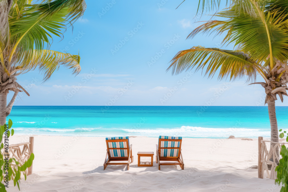 Sunbeds or beach chairs at paradise tropical resort at the sea or ocean coast