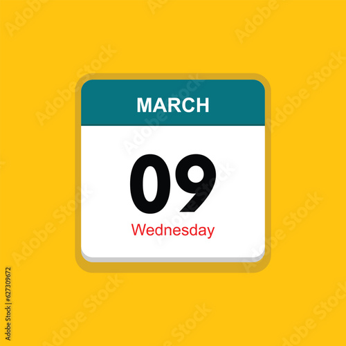 wednesday 09 march icon with black background, calender icon
