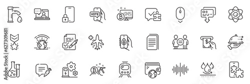 Icons pack as Chemistry lab, Train and Atm service line icons for app include Winner medal, Ecology app, Puzzle outline thin icon web set. Voting ballot, Bitcoin mining, Sound wave pictogram. Vector
