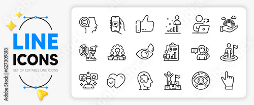 Fingerprint research, Report and Cyber attack line icons set for app include Writer, Like, Leadership outline thin icon. Lgbt, Chat app, Delivery man pictogram icon. Social media, People. Vector