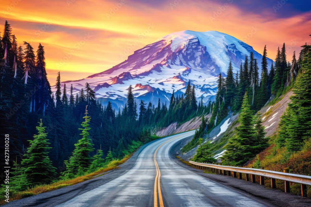 Road leading towards mount Rainier or Tahoma in Cascades range with sunset clouds hovering low in sky.