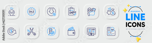 Debit card, Change money and Dollar exchange line icons for web app. Pack of Fraud, Difficult stress, Loan percent pictogram icons. Cyber attack, Cut tax, Checklist signs. Sale. Vector