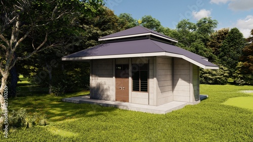 3D Rendering Illustrations of Concrete Panel Mosque in the Woods-House Exterior