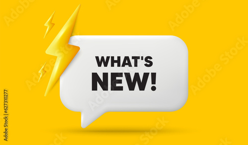 Whats new tag. 3d speech bubble banner with power energy. Special offer sign. New arrivals symbol. Whats new chat speech message. 3d offer talk box. Vector