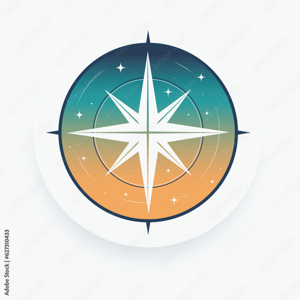 Vector illustration with stylized image of white compass on the background of evening sky. Illustration isolated from the background. Vector illustration with stylized image of white compass on the background of evening sky. Illustration isolated from the background.