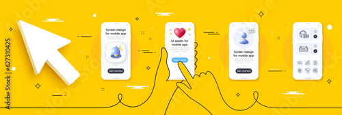 Budget, Bad weather and Laureate line icons pack. Phone screen mockup with 3d alert bell, health and headshot. No cash, Restaurant app, Fingerprint web icon. Vector