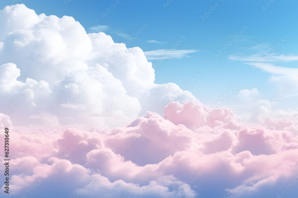Blue sky with white and pink soft fluffy clouds. Panoramic natural view of a dreamy sky. Wallpaper Blue sky with white and pink soft fluffy clouds. Panoramic natural view of a dreamy sky. Wallpaper