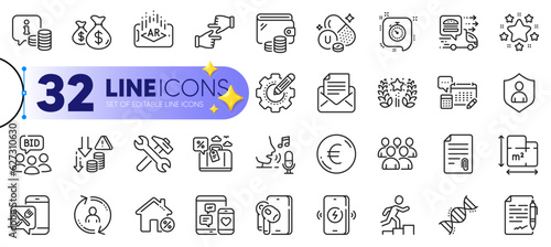 Outline set of Loan house, Chemistry dna and Stars line icons for web with Ranking, Attachment, Click hands thin icon. Agreement document, Augmented reality, Repair pictogram icon. Info. Vector