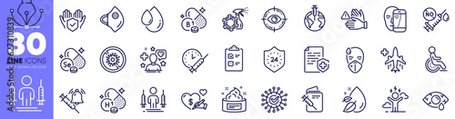 Water drop, Vitamin h1 and Medical certificate line icons pack. Vaccination schedule, Skin cream, Stop coronavirus web icon. Vaccine announcement, Coronavirus injections, Dont touch pictogram. Vector