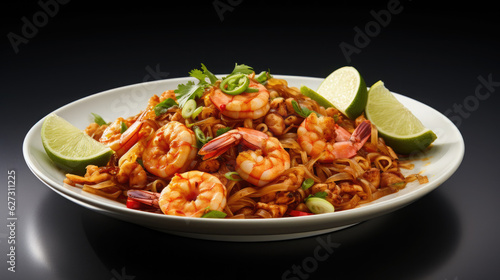 Pad Thai with shrimp and vegetables on a dark background