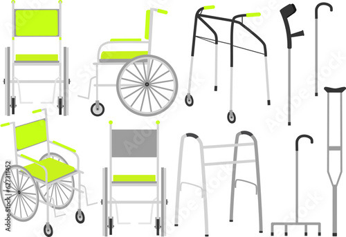 Vector wheelchair, rollator, walking frame, crutches, assistive cane, forearm crutch, walking stick. Vector illustration of medical equipment set.