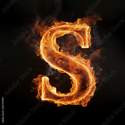 Capital letter S consisting of a flame. Burning letter S. Letter of fire flames alphabet on black background.