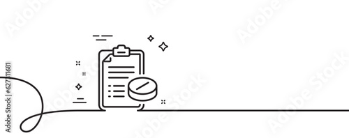 Medical prescription line icon. Continuous one line with curl. Medicine pills sign. Pharmacy medication symbol. Medical prescription single outline ribbon. Loop curve pattern. Vector
