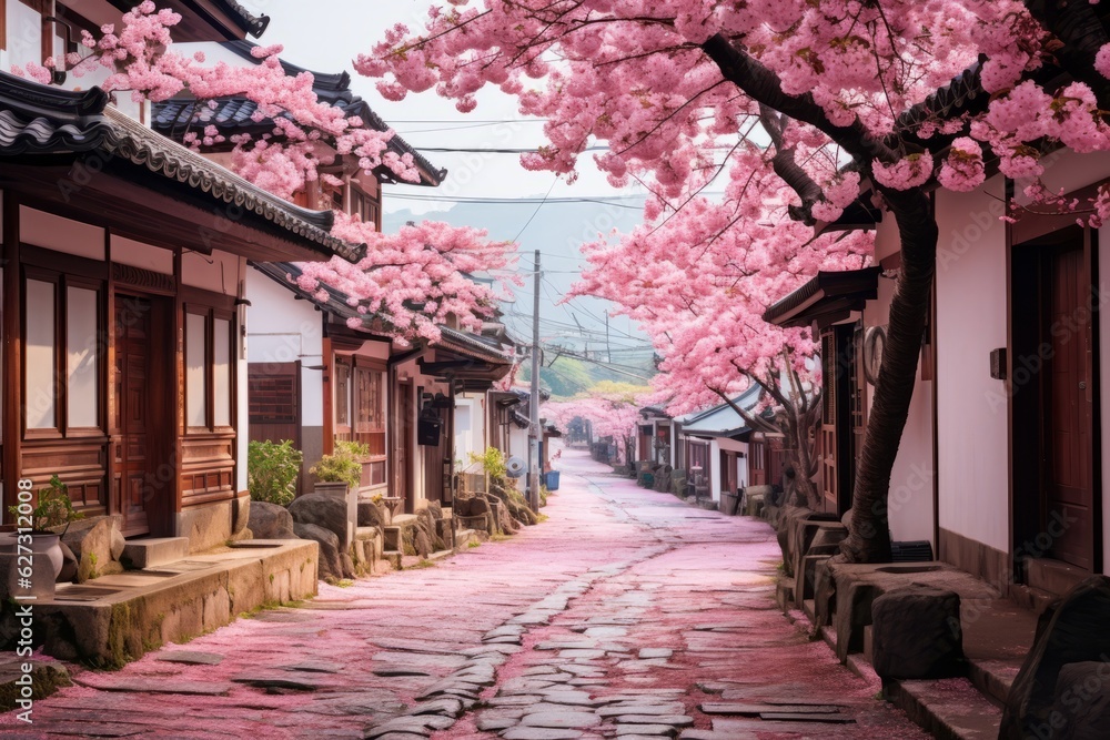 Fototapeta premium Quaint Village During Cherry Blossom Season, Generative AI