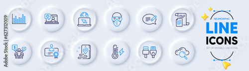 Message, Computer cables and Documents line icons for web app. Pack of Internet, Certificate, Teamwork pictogram icons. Medical help, Bar diagram, Medical mask signs. Electricity power. Vector